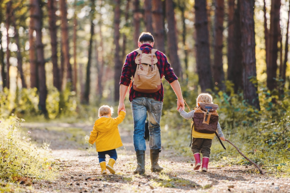 A father walking with two young children in a forest.