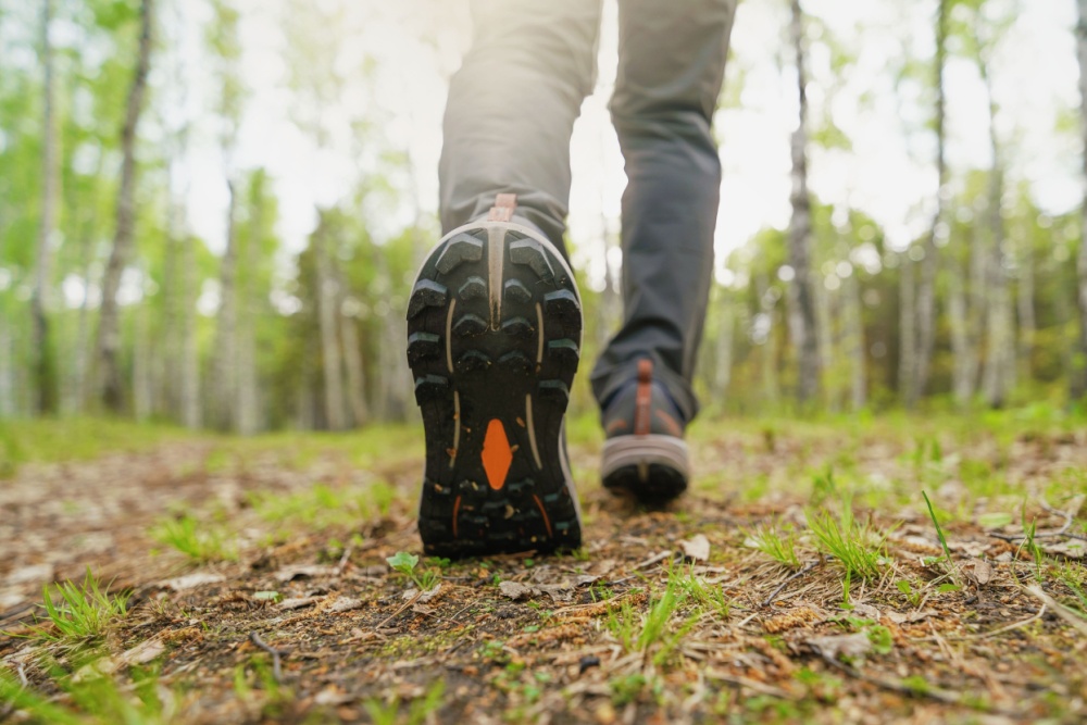 A close-up of a person walking in the woods.